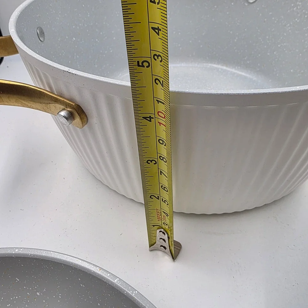 Thyme & Table 6 Piece Cookware Set Cream White Gold Handles Non-Stick Ribbed L3